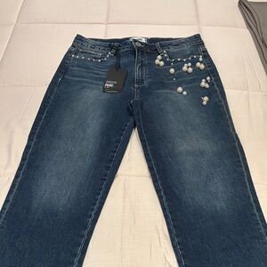 PAIGE Women's Dark Blue Straight Leg Jeans with Pearl Details (NWT)